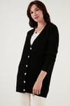 Regular Fit V Yaka Düğmeli Triko Örme Uzun Kadın Hırka 4615044 SİYAH