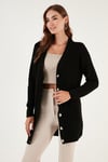 Regular Fit V Yaka Düğmeli Triko Örme Uzun Kadın Hırka 4615044 SİYAH