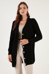Regular Fit V Yaka Düğmeli Triko Örme Uzun Kadın Hırka 4615044 SİYAH