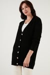 Regular Fit V Yaka Düğmeli Triko Örme Uzun Kadın Hırka 4615044 SİYAH
