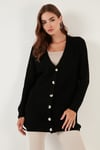 Regular Fit V Yaka Düğmeli Triko Örme Uzun Kadın Hırka 4615044 SİYAH