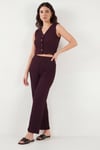 Regular Fit V Yaka Yelek-Pantolon Gofre Kadın Takım 5866484 BORDO