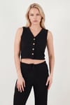 Regular Fit V Yaka Yelek-Pantolon Gofre Kadın Takım 5866484 SİYAH
