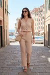 Regular Fit V Yaka Yelek-Pantolon Gofre Kadın Takım 5866484 VİZON