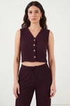 Regular Fit V Yaka Yelek-Pantolon Gofre Kadın Takım 5866484 BORDO