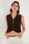 Regular Fit V Yaka Yumuşak Dokulu Düğmeli Kadın Yelek 4615241 KAHVE