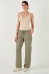 Relaxed Fit Normal Bel Geniş Paça Çİft Cepli Keten Kadın Pantolon 668YP4991 HAKİ