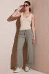 Relaxed Fit Normal Bel Geniş Paça Çİft Cepli Keten Kadın Pantolon 668YP4991 HAKİ