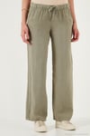 Relaxed Fit Normal Bel Geniş Paça Çİft Cepli Keten Kadın Pantolon 668YP4991 HAKİ