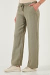 Relaxed Fit Normal Bel Geniş Paça Çİft Cepli Keten Kadın Pantolon 668YP4991 HAKİ