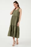 Relaxed Fit V Yaka Volanlı Midi Kadın Elbise 611EL011 HAKİ