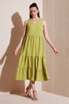 Relaxed Fit V Yaka Volanlı Midi Kadın Elbise 611EL011 SAFRAN