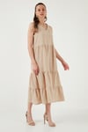 Relaxed Fit V Yaka Volanlı Midi Kadın Elbise 611EL011 BEJ