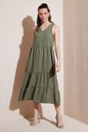Relaxed Fit V Yaka Volanlı Midi Kadın Elbise 611EL011 HAKİ