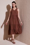 Relaxed Fit V Yaka Volanlı Midi Kadın Elbise 611EL011 KAHVE