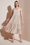 Relaxed Fit V Yaka Volanlı Midi Kadın Elbise 611EL011 BEJ
