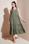Relaxed Fit V Yaka Volanlı Midi Kadın Elbise 611EL011 HAKİ