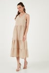Relaxed Fit V Yaka Volanlı Midi Kadın Elbise 611EL011 BEJ