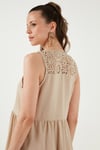 Relaxed Fit V Yaka Volanlı Midi Kadın Elbise 611EL011 BEJ