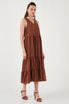 Relaxed Fit V Yaka Volanlı Midi Kadın Elbise 611EL011 KAHVE