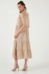 Relaxed Fit V Yaka Volanlı Midi Kadın Elbise 611EL011 BEJ