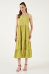 Relaxed Fit V Yaka Volanlı Midi Kadın Elbise 611EL011 SAFRAN