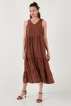 Relaxed Fit V Yaka Volanlı Midi Kadın Elbise 611EL011 KAHVE