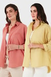 SD Luxury Pamuk Karışımlı Oversize Fit Uzun Kollu 2'li Paket Bayan Gömlek 6781001S2 Tarçın-HARDAL