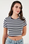 Slim Fit Bisiklet Yaka Çizgili Crop Kadın T Shirt 5866110 LACİVERT