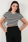 Slim Fit Bisiklet Yaka Çizgili Crop Kadın T Shirt 5866110 SİYAH