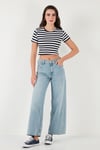 Slim Fit Bisiklet Yaka Çizgili Crop Kadın T Shirt 5866110 LACİVERT