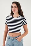 Slim Fit Bisiklet Yaka Çizgili Crop Kadın T Shirt 5866110 LACİVERT