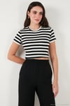 Slim Fit Bisiklet Yaka Çizgili Crop Kadın T Shirt 5866110 SİYAH