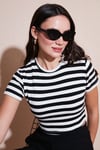 Slim Fit Bisiklet Yaka Çizgili Crop Kadın T Shirt 5866110 SİYAH