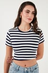 Slim Fit Bisiklet Yaka Çizgili Crop Kadın T Shirt 5866110 LACİVERT
