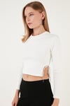 Slim Fit Bisiklet Yaka Yanı Zincirli Crop Kadın Bluz 5865398 BEYAZ