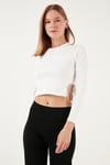 Slim Fit Bisiklet Yaka Yanı Zincirli Crop Kadın Bluz 5865398 BEYAZ