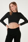 Slim Fit Bisiklet Yaka Zincirli Crop Kadın Bluz 5865397 SİYAH