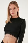 Slim Fit Bisiklet Yaka Zincirli Crop Kadın Bluz 5865397 SİYAH