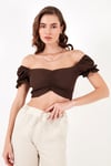 Slim Fit Büzgü Detaylı Kalp Yaka Crop Kadın Bluz 5865601 KAHVE
