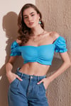 Slim Fit Büzgü Detaylı Kalp Yaka Crop Kadın Bluz 5865601 MAVİ