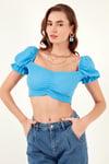 Slim Fit Büzgü Detaylı Kalp Yaka Crop Kadın Bluz 5865601 MAVİ