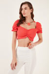 Slim Fit Büzgü Detaylı Kalp Yaka Crop Kadın Bluz 5865601 NAR ÇİÇEĞİ