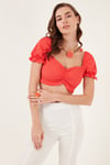 Slim Fit Büzgü Detaylı Kalp Yaka Crop Kadın Bluz 5865601 NAR ÇİÇEĞİ