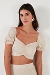 Slim Fit Büzgü Detaylı Kalp Yaka Crop Kadın Bluz 5865601 TAŞ