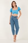 Slim Fit Büzgü Detaylı Kalp Yaka Crop Kadın Bluz 5865601 MAVİ
