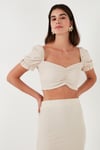 Slim Fit Büzgü Detaylı Kalp Yaka Crop Kadın Bluz 5865601 TAŞ
