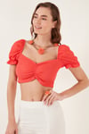 Slim Fit Büzgü Detaylı Kalp Yaka Crop Kadın Bluz 5865601 NAR ÇİÇEĞİ