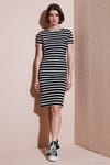 Slim Fit Çizgili Pamuklu Bisiklet Yaka Kısa Kollu Midi Kadın Elbise 5865700 SİYAH-BEYAZ