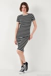 Slim Fit Çizgili Pamuklu Bisiklet Yaka Kısa Kollu Midi Kadın Elbise 5865700 SİYAH-BEYAZ